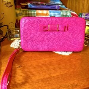 Wallet, Pink, with many compartments, w/strap handle, snap closure